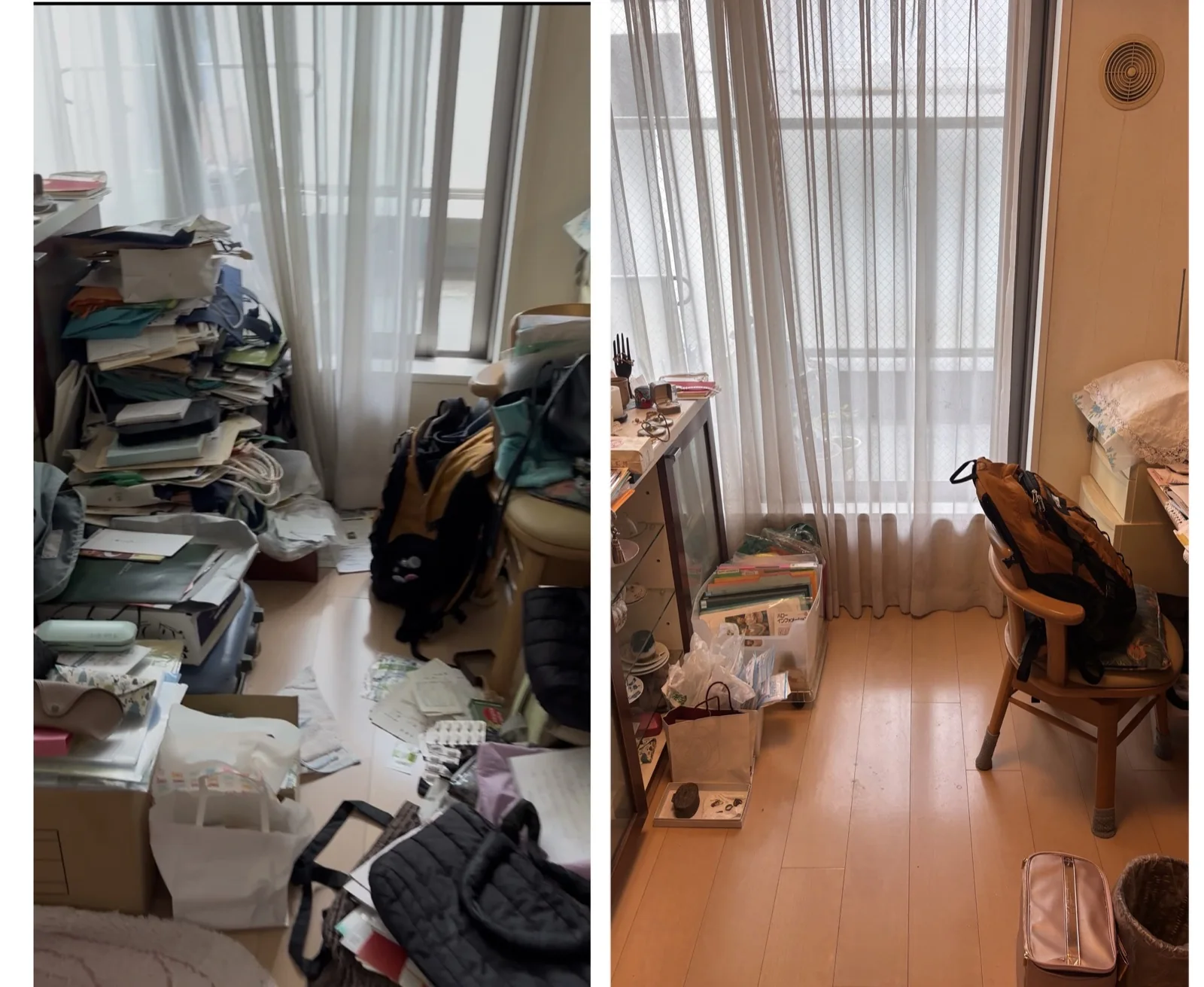 窓辺の部屋。左は紙類やかばんが積まれた作業前、右は床が見える作業後